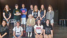 Ruth Schultz poses for a pic with the Onoway Drama 20/30 students