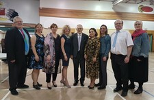 NGPS Superintendent Kevin Andrea, Deputy Superintendent Michelle Brennick, Principals Darlene Wood and Ian Baxter, join exchange teachers from Finland and Iceland for a photo.